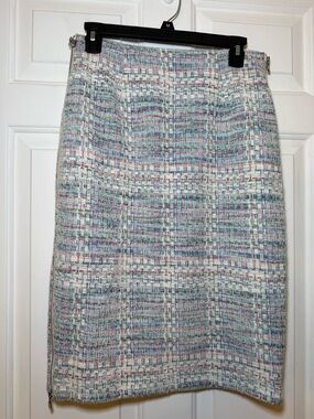 Hilton Hollis NY Tweed Pencil Skirt Sz 8 Spring Multi Double Side Zip Preppy